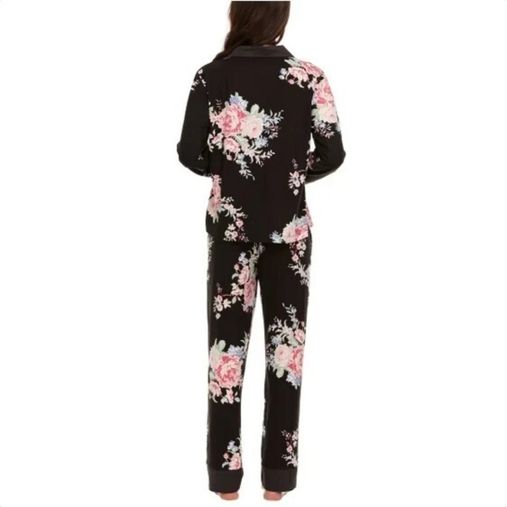 Flora Nikrooz Pajama Set Women Size XL Satin Trim Notch Collar Black Floral NWT - Picture 3 of 7